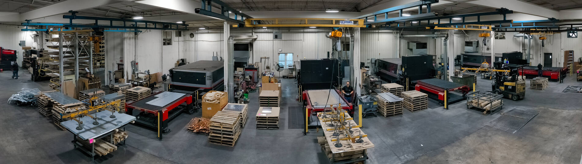 A Panorama shot of Laser Cutting Machines in Yoder Industries.